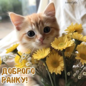 Кошеня з букетом квітім: доброго ранку