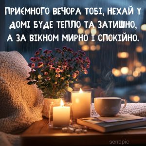 Приємного вечора тобі, нехай у домі буде тепло та затишно, а за вікном мирно і спокійно.